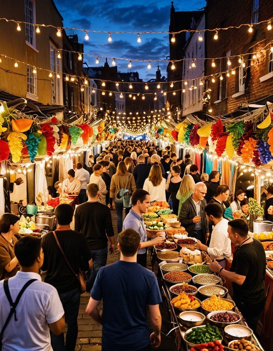 A lively street festival scene filled with diverse groups of people joyfully celebrating together, showcasing vibrant food stalls, live musicians, and colorful decorations. Include elements like fairy lights, laughter, and dance to capture the essence of community spirit and live entertainment. Emphasize a warm, inviting atmosphere with a sunset backdrop. vibrant colors. super-realistic.