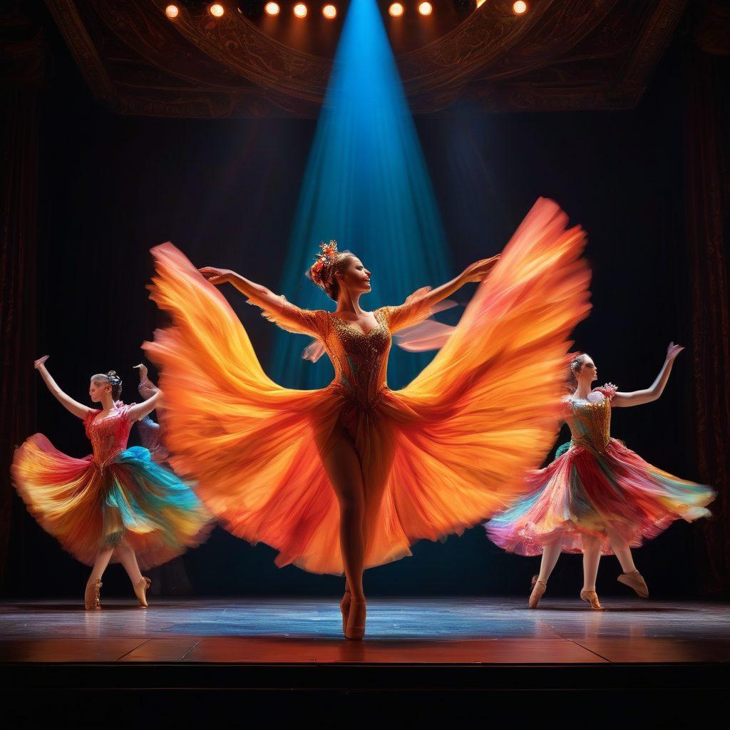 A dynamic stage with a swirling spotlight illuminating dancers mid-performance, blending into dramatic actors in vivid costumes, showcasing a transition from movement to storytelling. The backdrop features a colorful, elaborate set design with flowing fabrics and striking lighting. Capturing the energy of both dance and drama harmoniously. vibrant colors. super-realistic. theatrical.