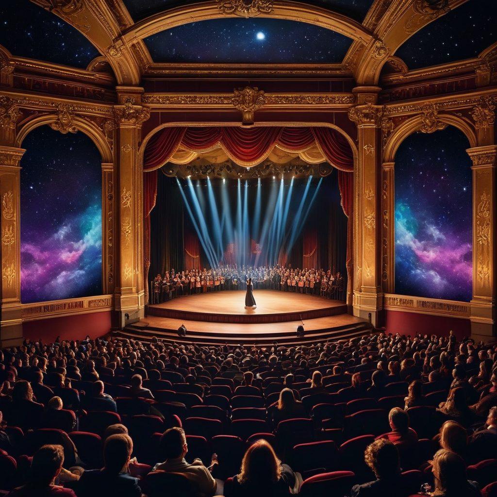 A vibrant scene capturing the excitement of a live show at Mount Baker Theatre, showcasing an enthusiastic crowd, dramatic stage lighting, and a performer in mid-action. Incorporate elements that highlight the historic architecture of the theatre while emphasizing the atmosphere of a thrilling night. Include colorful spotlights and a starry sky background to enhance the live performance feel. super-realistic. vibrant colors. 3D.